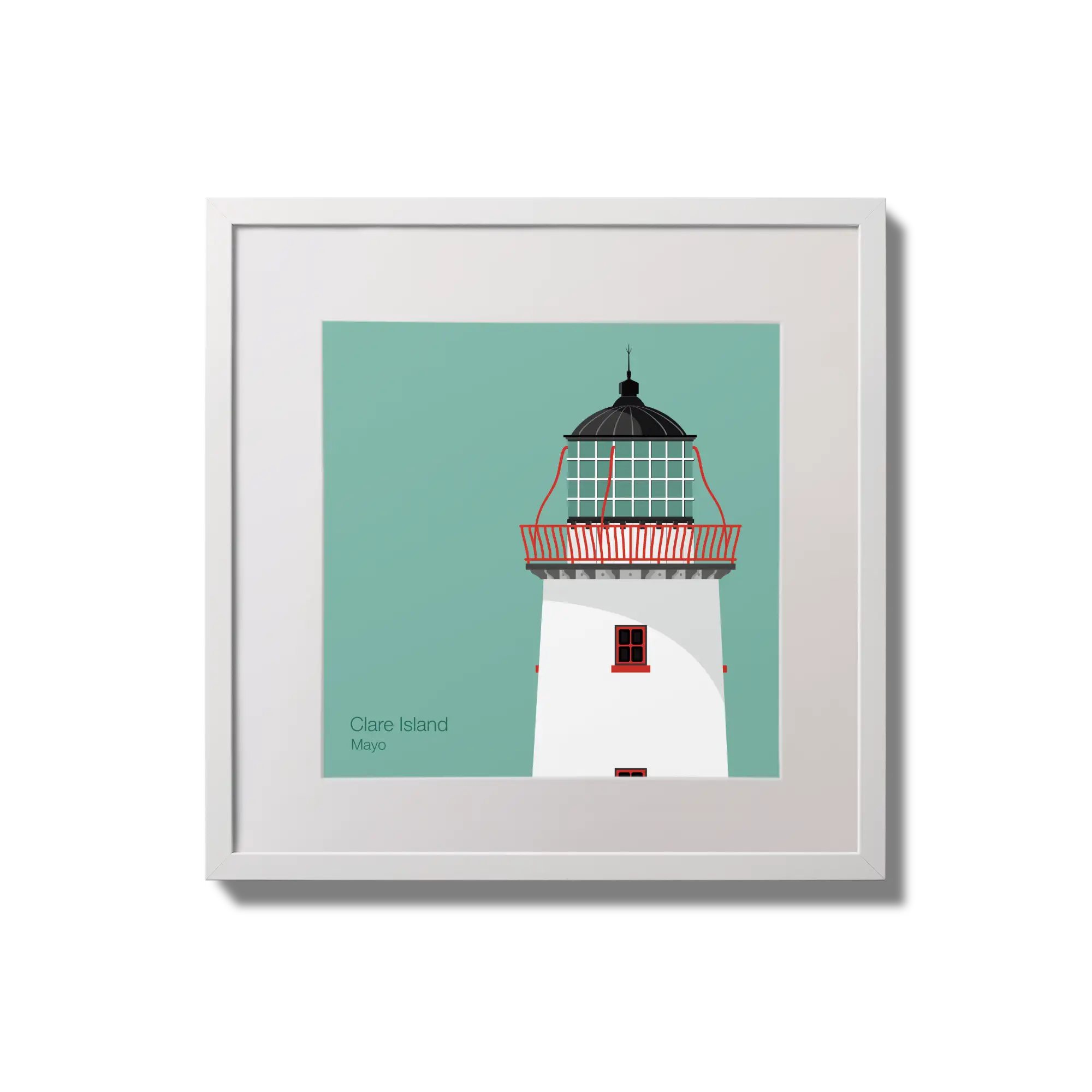 Illustration of Clare Island lighthouse on an ocean green background,  in a white square frame measuring 20x20cm.