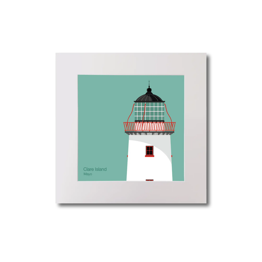 Illustration of Clare Island lighthouse on an ocean green background, mounted and measuring 20x20cm.
