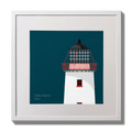 Illustration of Clare Island lighthouse on a midnight blue background,  in a white square frame measuring 30x30cm.