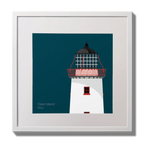 Illustration of Clare Island lighthouse on a midnight blue background,  in a white square frame measuring 30x30cm.