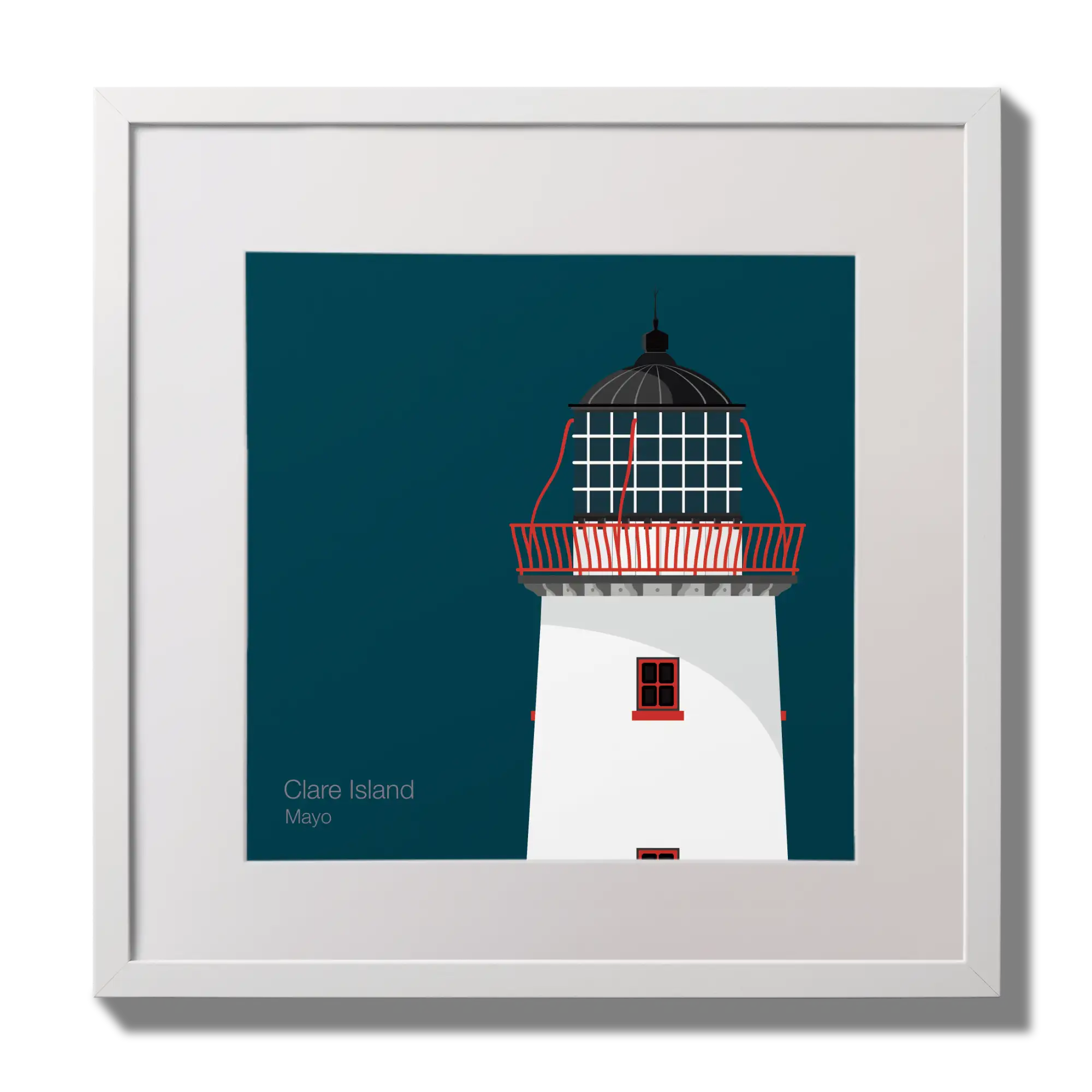 Illustration of Clare Island lighthouse on a midnight blue background,  in a white square frame measuring 30x30cm.