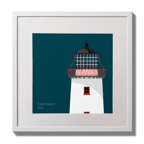 Illustration of Clare Island lighthouse on a midnight blue background,  in a white square frame measuring 30x30cm.