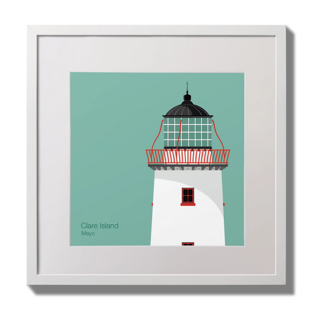 Illustration of Clare Island lighthouse on an ocean green background,  in a white square frame measuring 30x30cm.