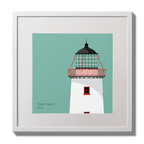 Illustration of Clare Island lighthouse on an ocean green background,  in a white square frame measuring 30x30cm.