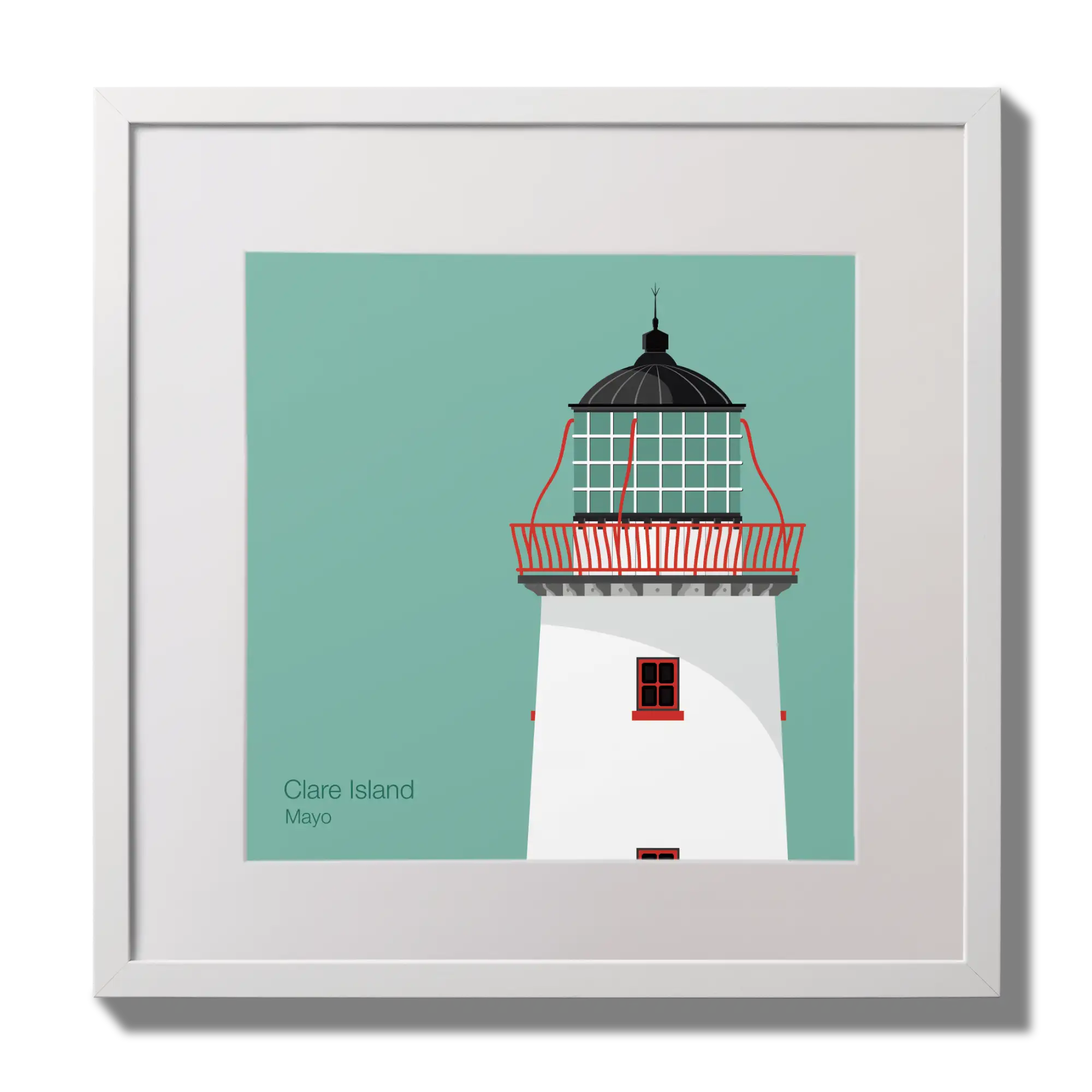 Illustration of Clare Island lighthouse on an ocean green background,  in a white square frame measuring 30x30cm.