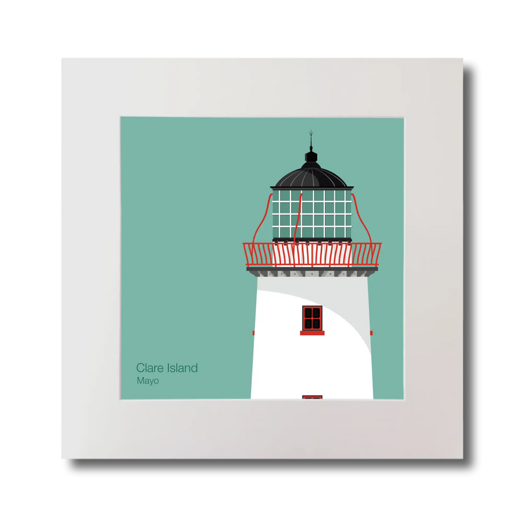 Illustration of Clare Island lighthouse on an ocean green background, mounted and measuring 30x30cm.