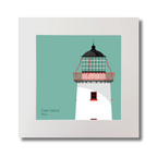 Illustration of Clare Island lighthouse on an ocean green background, mounted and measuring 30x30cm.