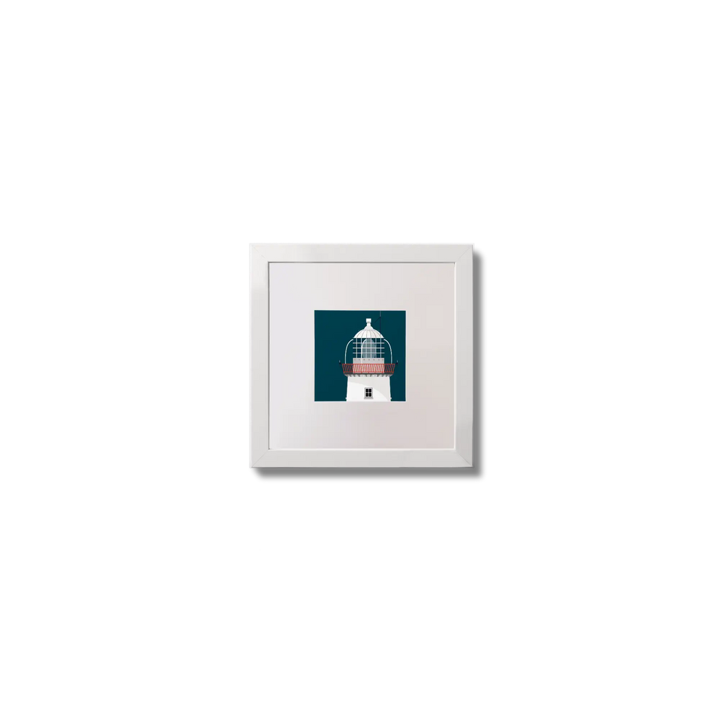 Illustration of St.John's (Donegal) lighthouse on a midnight blue background,  in a white square frame measuring 10x10cm.