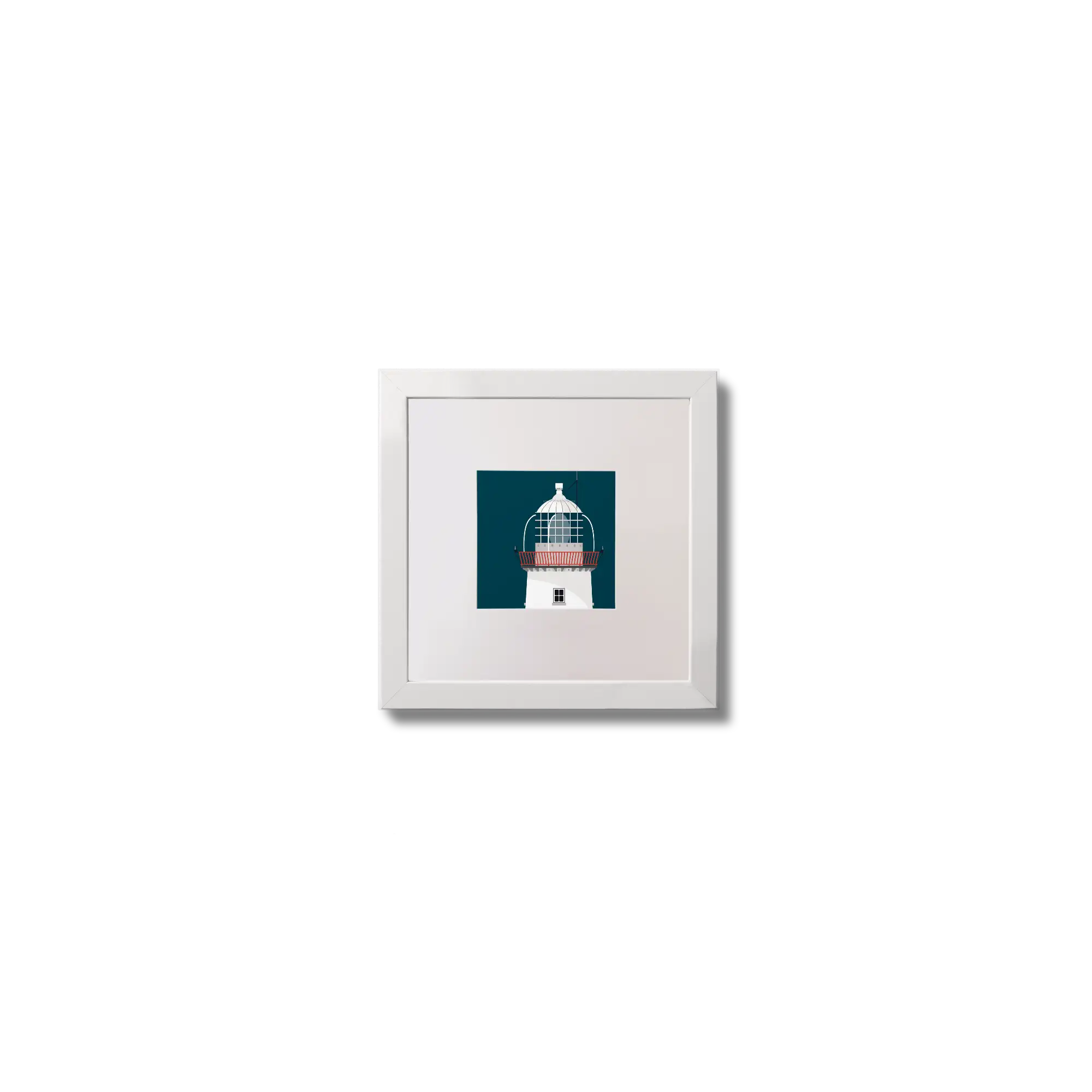 Illustration of St.John's (Donegal) lighthouse on a midnight blue background,  in a white square frame measuring 10x10cm.