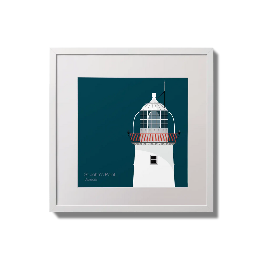 Illustration of St.John's (Donegal) lighthouse on a midnight blue background,  in a white square frame measuring 20x20cm.