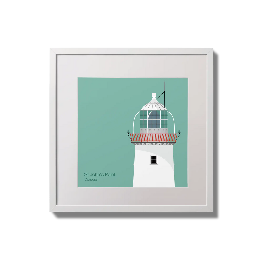 Illustration of St.John's (Donegal) lighthouse on an ocean green background,  in a white square frame measuring 20x20cm.