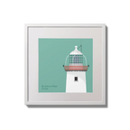 Illustration of St.John's (Donegal) lighthouse on an ocean green background,  in a white square frame measuring 20x20cm.