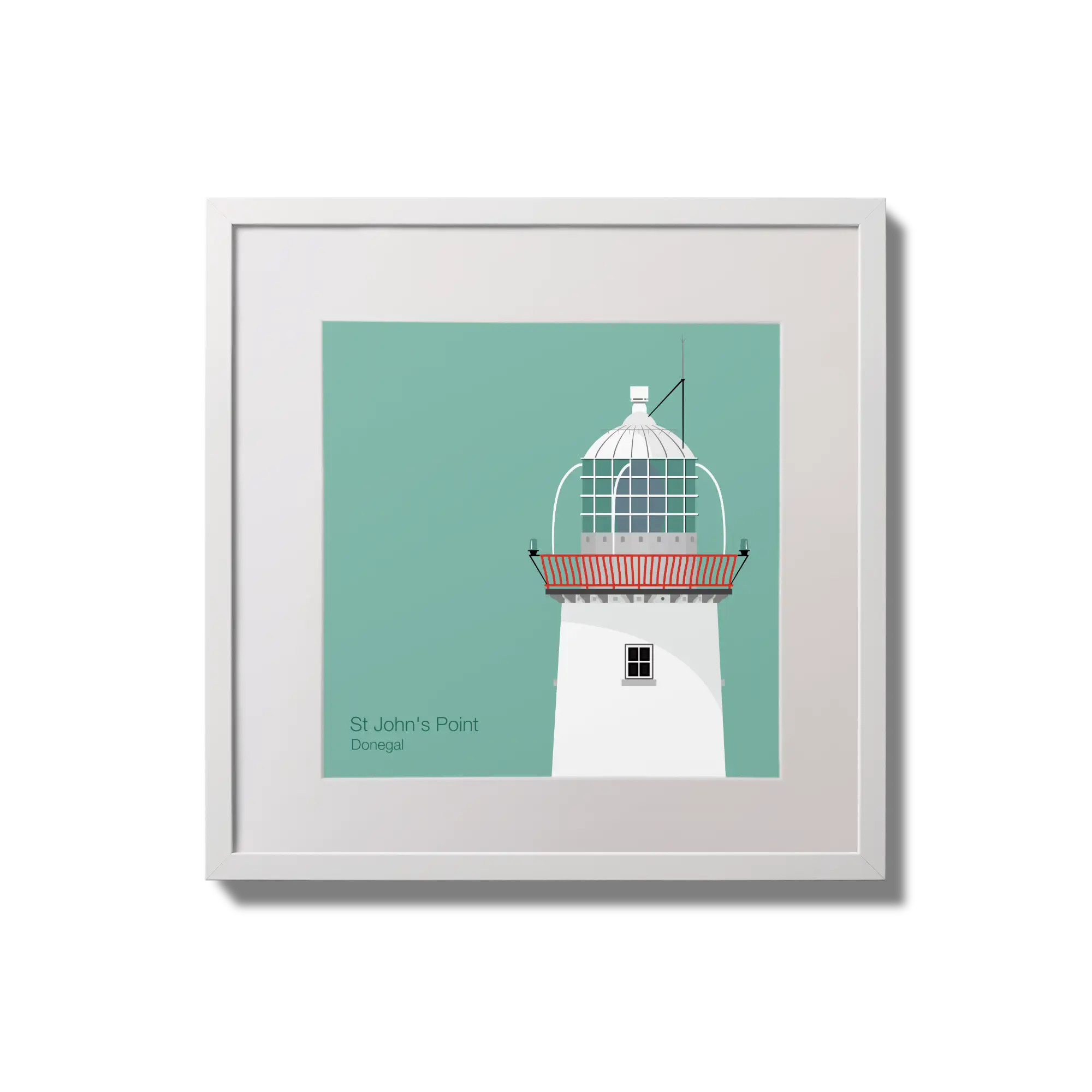 Illustration of St.John's (Donegal) lighthouse on an ocean green background,  in a white square frame measuring 20x20cm.