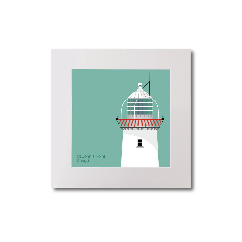 Illustration of St.John's (Donegal) lighthouse on an ocean green background, mounted and measuring 20x20cm.