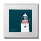 Illustration of St.John's (Donegal) lighthouse on a midnight blue background,  in a white square frame measuring 30x30cm.