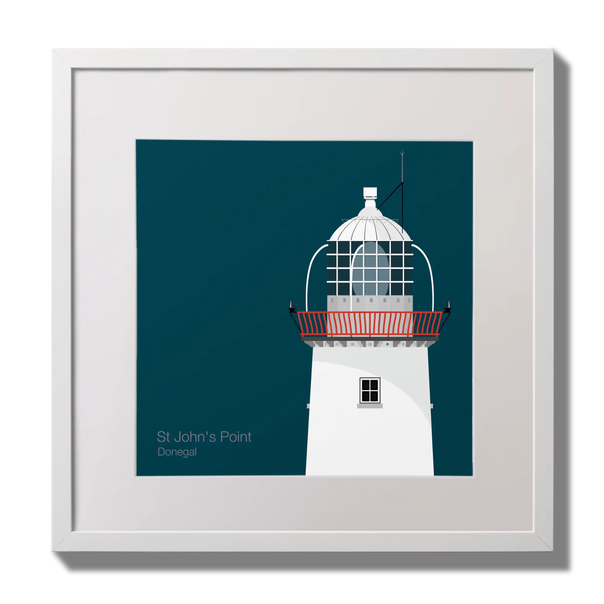 Illustration of St.John's (Donegal) lighthouse on a midnight blue background,  in a white square frame measuring 30x30cm.