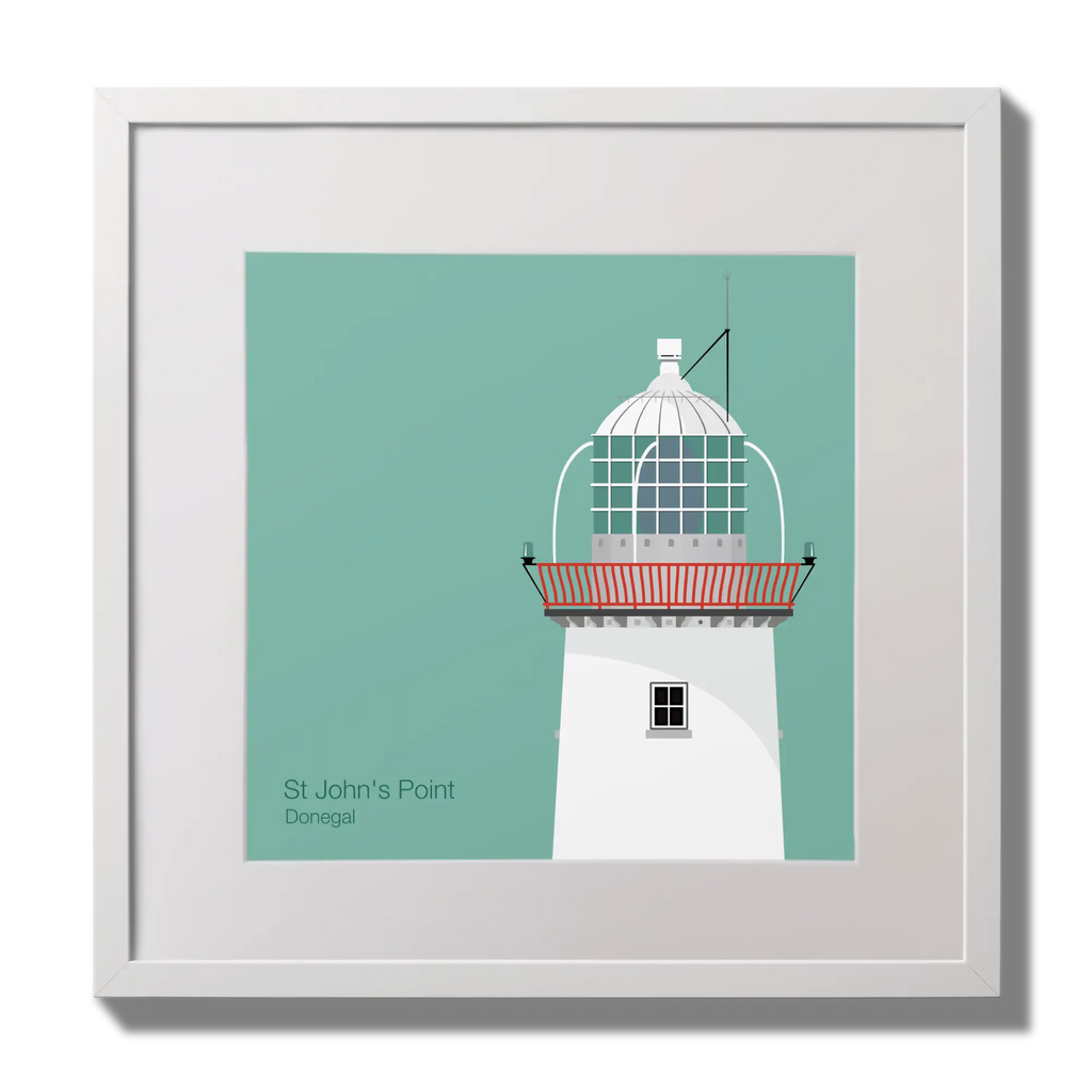 Illustration of St.John's (Donegal) lighthouse on an ocean green background,  in a white square frame measuring 30x30cm.