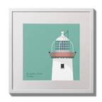 Illustration of St.John's (Donegal) lighthouse on an ocean green background,  in a white square frame measuring 30x30cm.