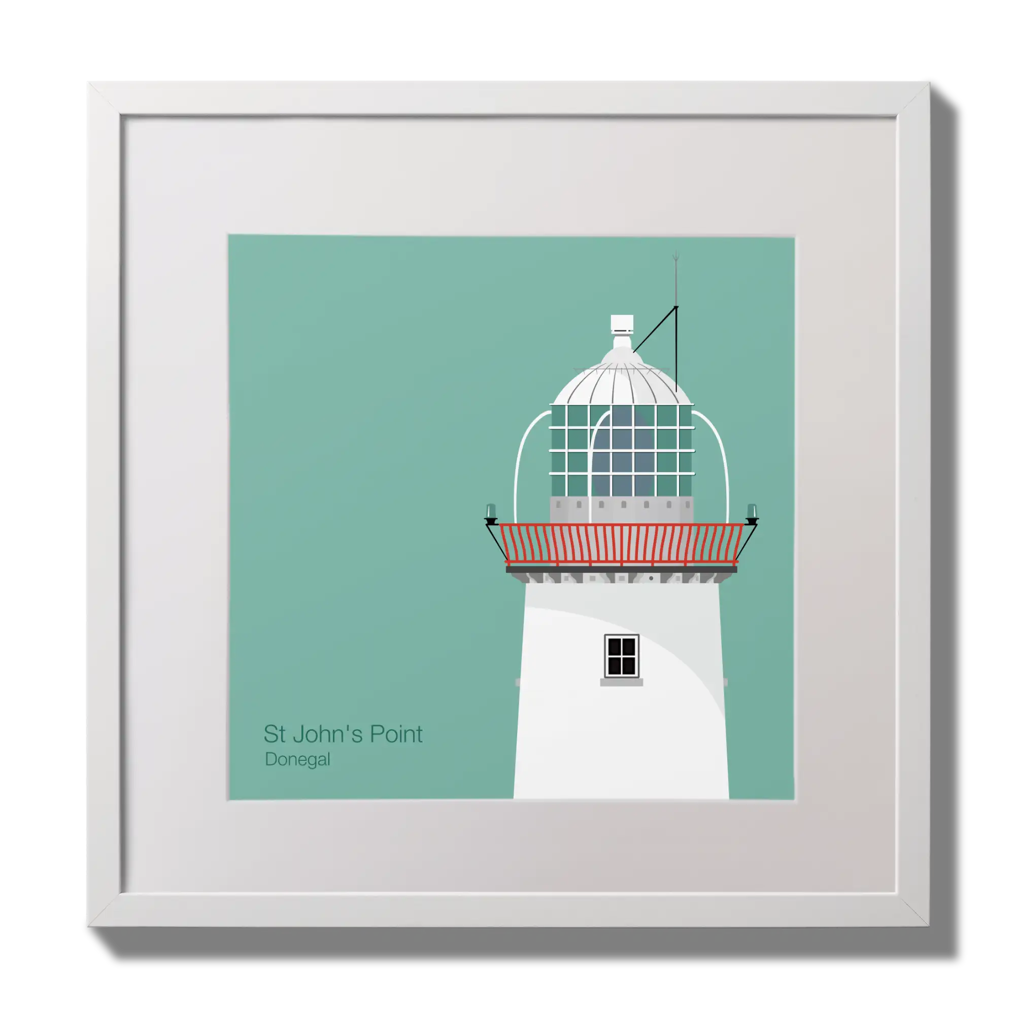 Illustration of St.John's (Donegal) lighthouse on an ocean green background,  in a white square frame measuring 30x30cm.