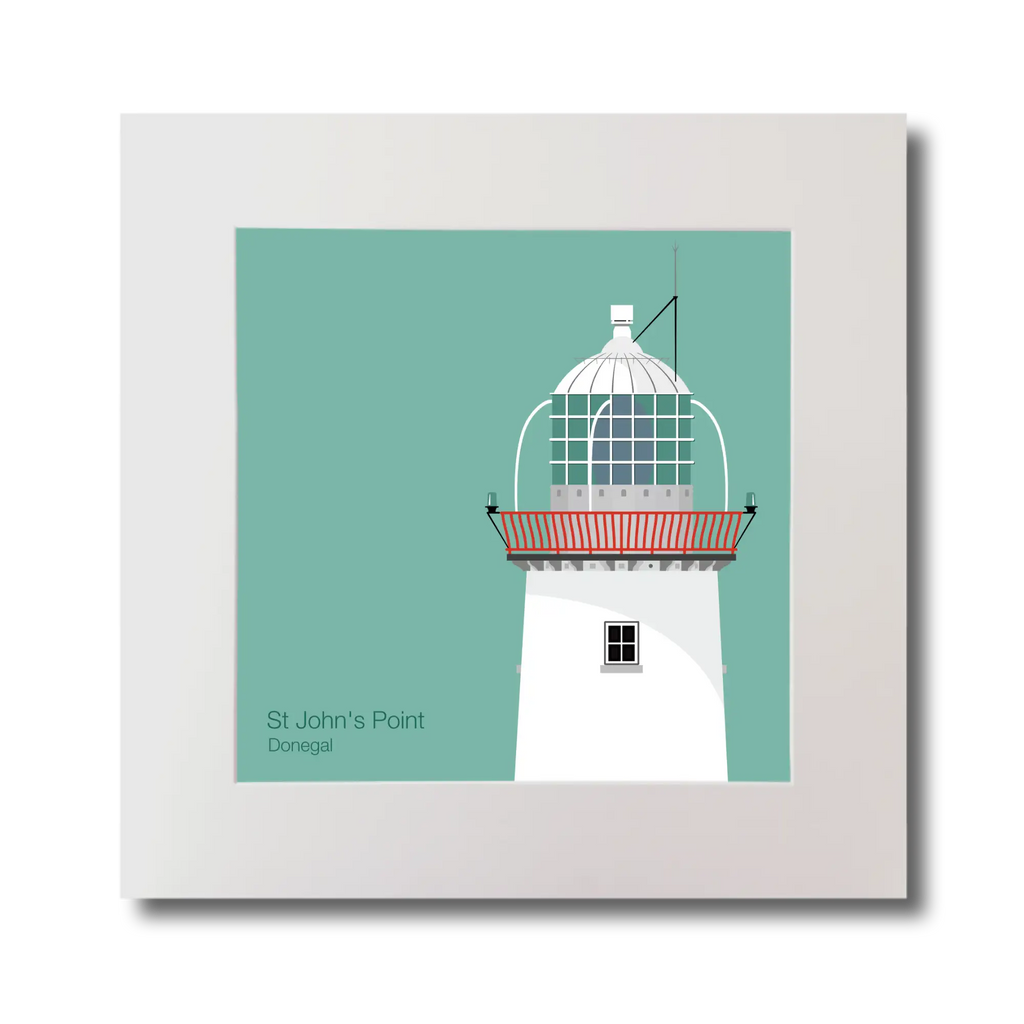 Illustration of St.John's (Donegal) lighthouse on an ocean green background, mounted and measuring 30x30cm.