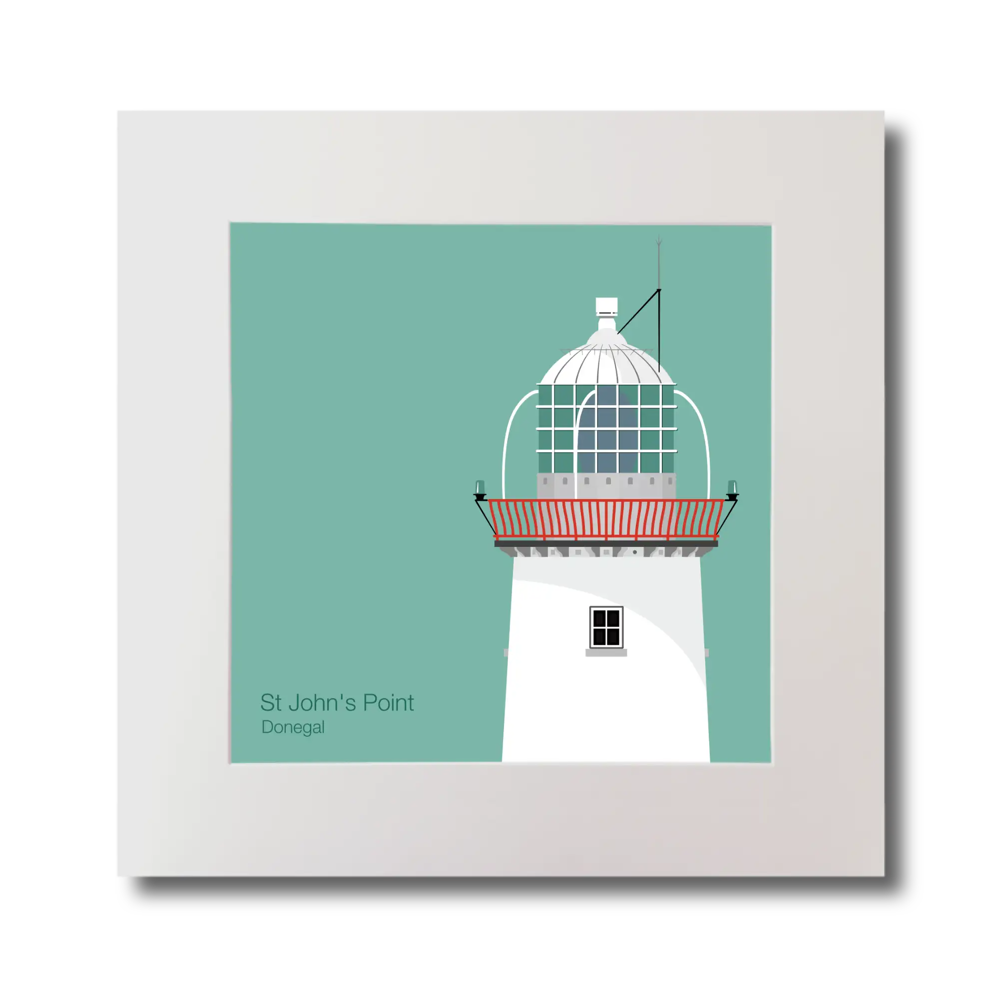Illustration of St.John's (Donegal) lighthouse on an ocean green background, mounted and measuring 30x30cm.