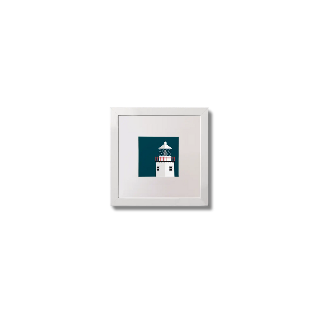 Illustration of Fanad Head lighthouse on a midnight blue background,  in a white square frame measuring 10x10cm.