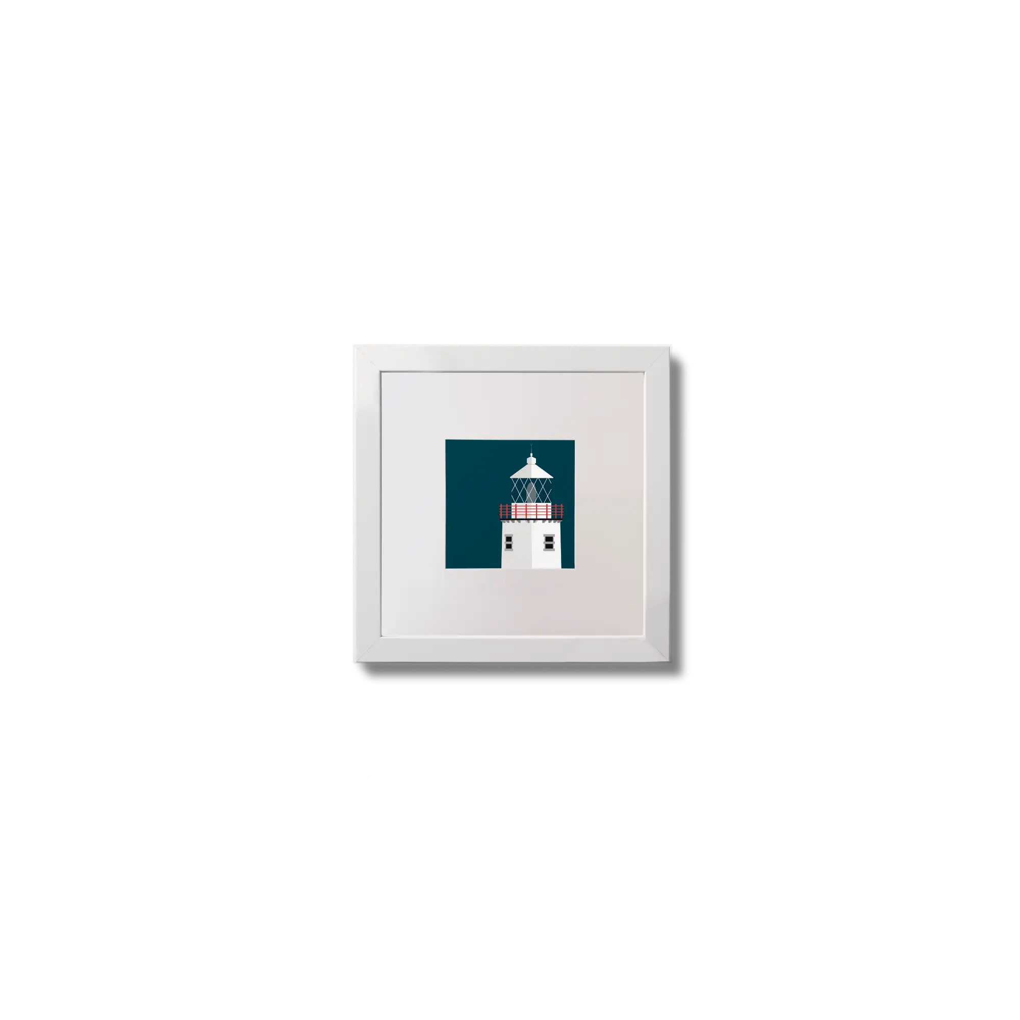 Illustration of Fanad Head lighthouse on a midnight blue background,  in a white square frame measuring 10x10cm.