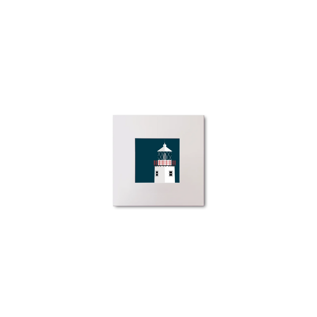 Illustration of Fanad Head lighthouse on a midnight blue background, mounted and measuring 10x10cm.