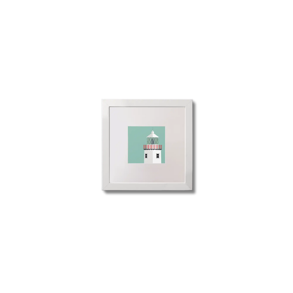 Illustration of Fanad Head lighthouse on an ocean green background,  in a white square frame measuring 10x10cm.