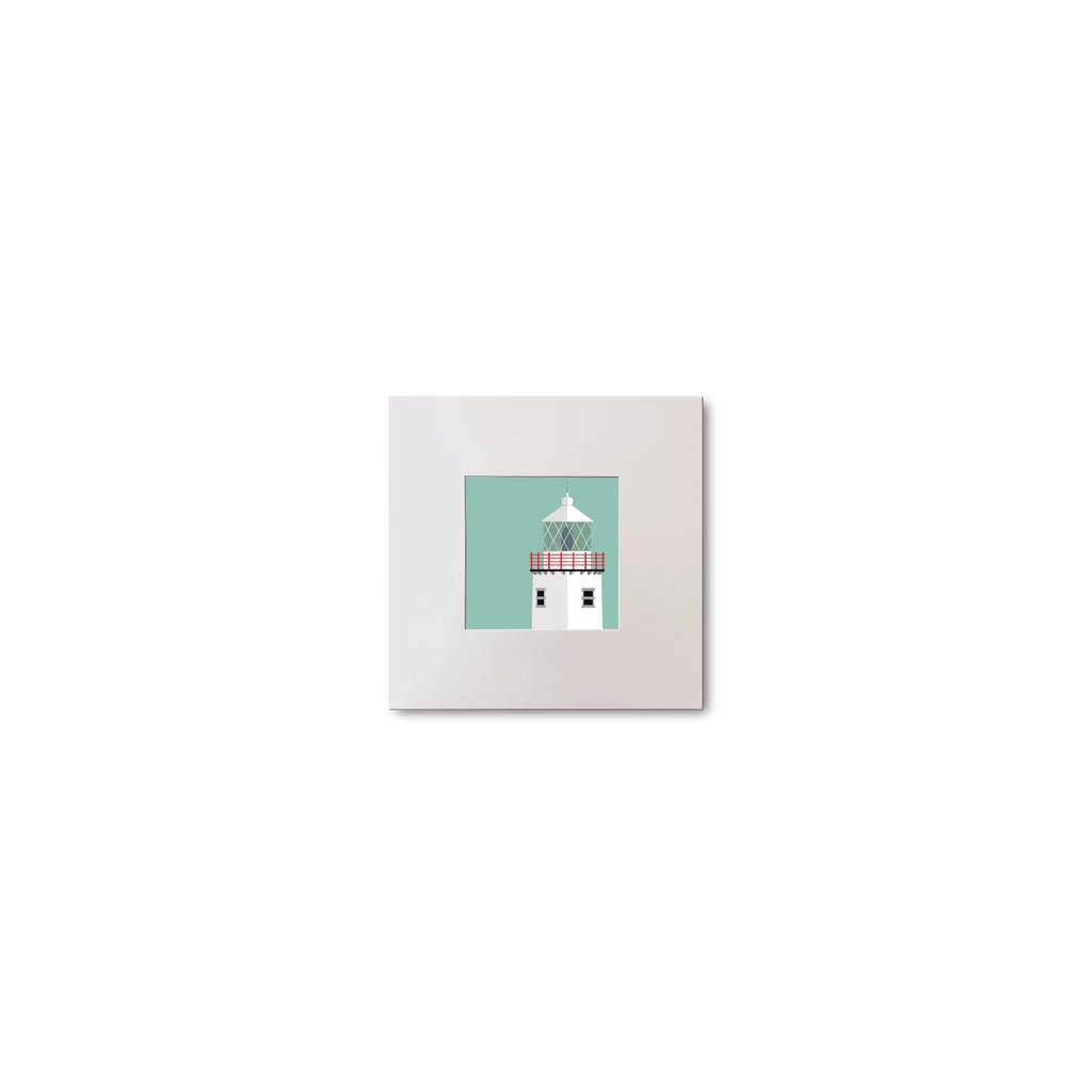 Illustration of Fanad Head lighthouse on an ocean green background, mounted and measuring 10x10cm.