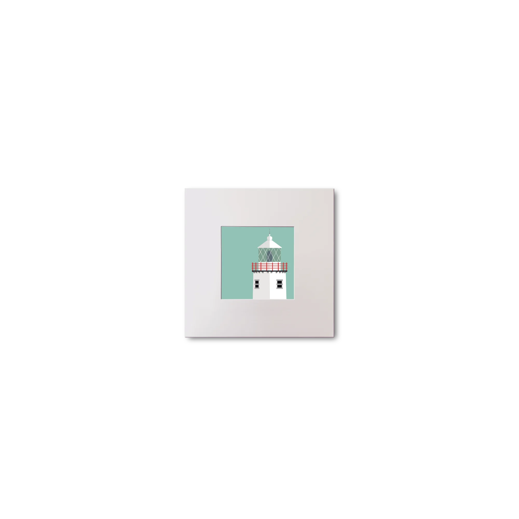 Illustration of Fanad Head lighthouse on an ocean green background, mounted and measuring 10x10cm.