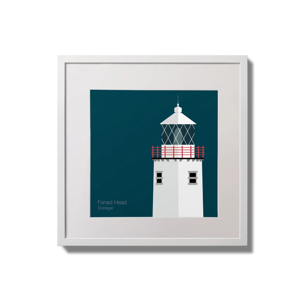 Illustration of Fanad Head lighthouse on a midnight blue background,  in a white square frame measuring 20x20cm.