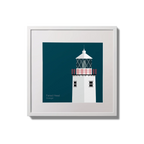 Illustration of Fanad Head lighthouse on a midnight blue background,  in a white square frame measuring 20x20cm.