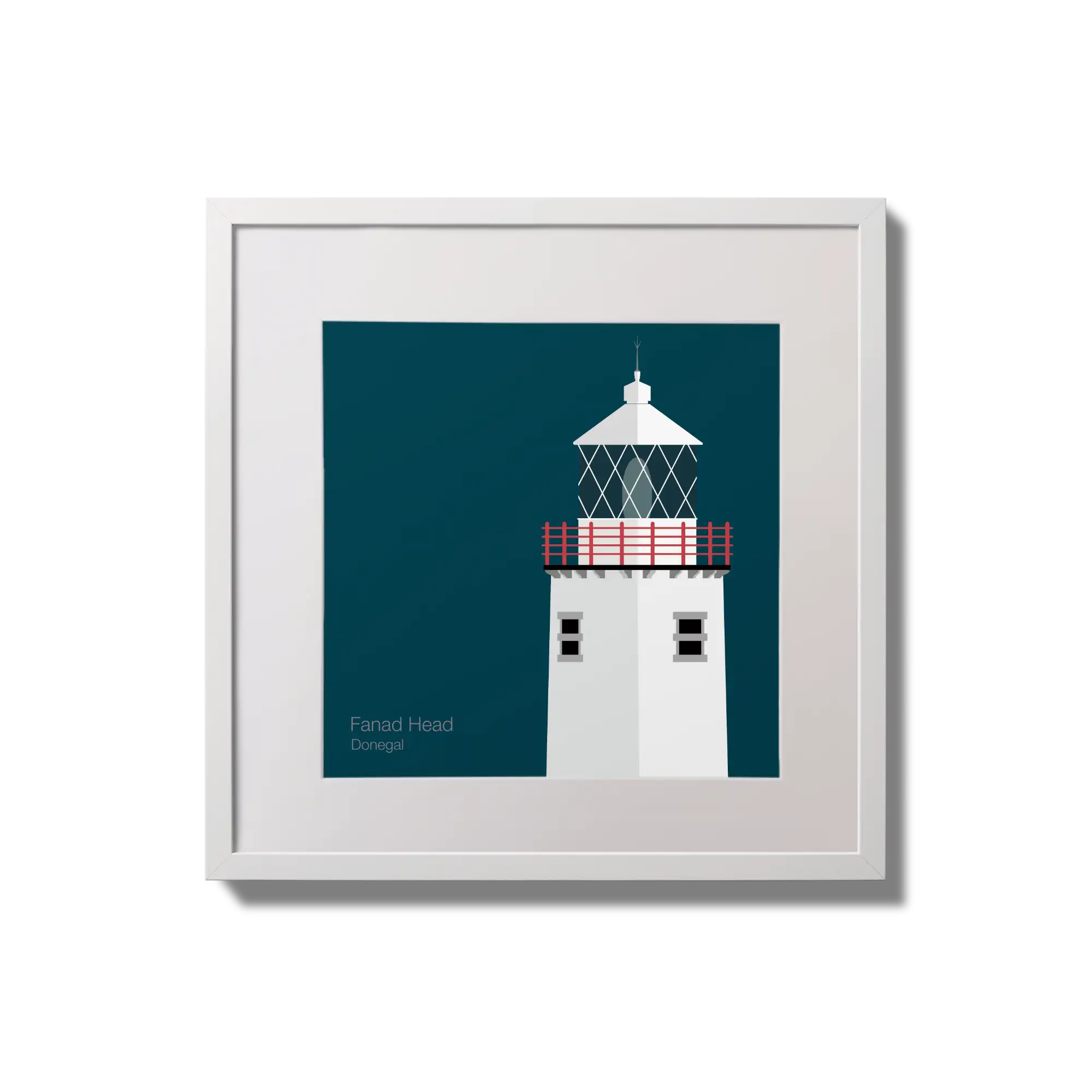 Illustration of Fanad Head lighthouse on a midnight blue background,  in a white square frame measuring 20x20cm.