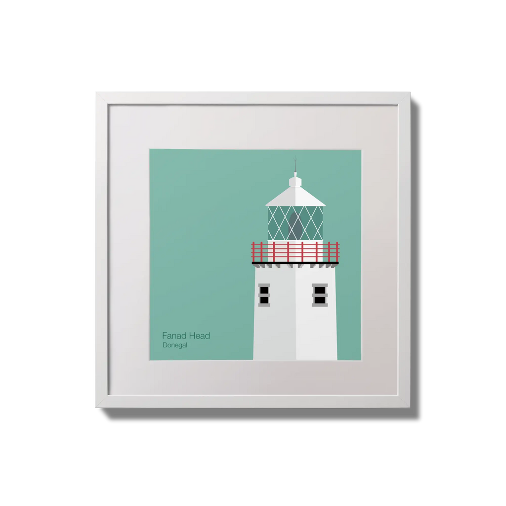 Illustration of Fanad Head lighthouse on an ocean green background,  in a white square frame measuring 20x20cm.
