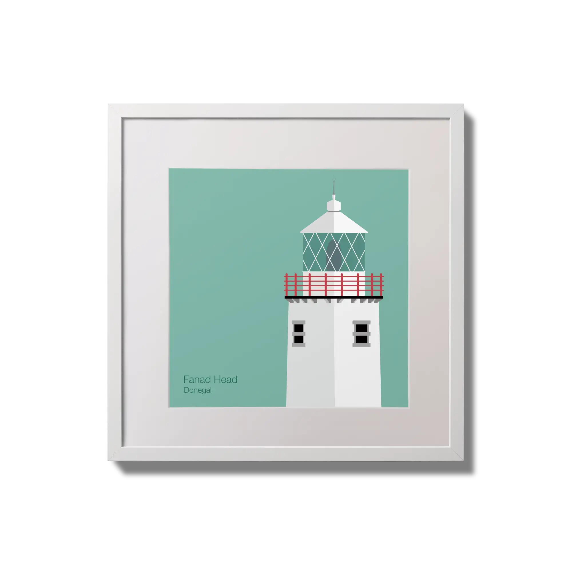 Illustration of Fanad Head lighthouse on an ocean green background,  in a white square frame measuring 20x20cm.