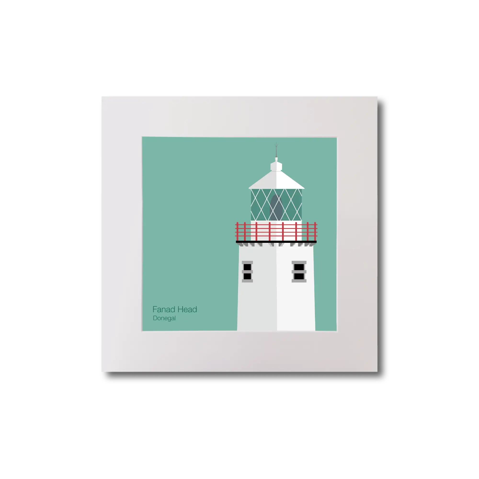 Illustration of Fanad Head lighthouse on an ocean green background, mounted and measuring 20x20cm.