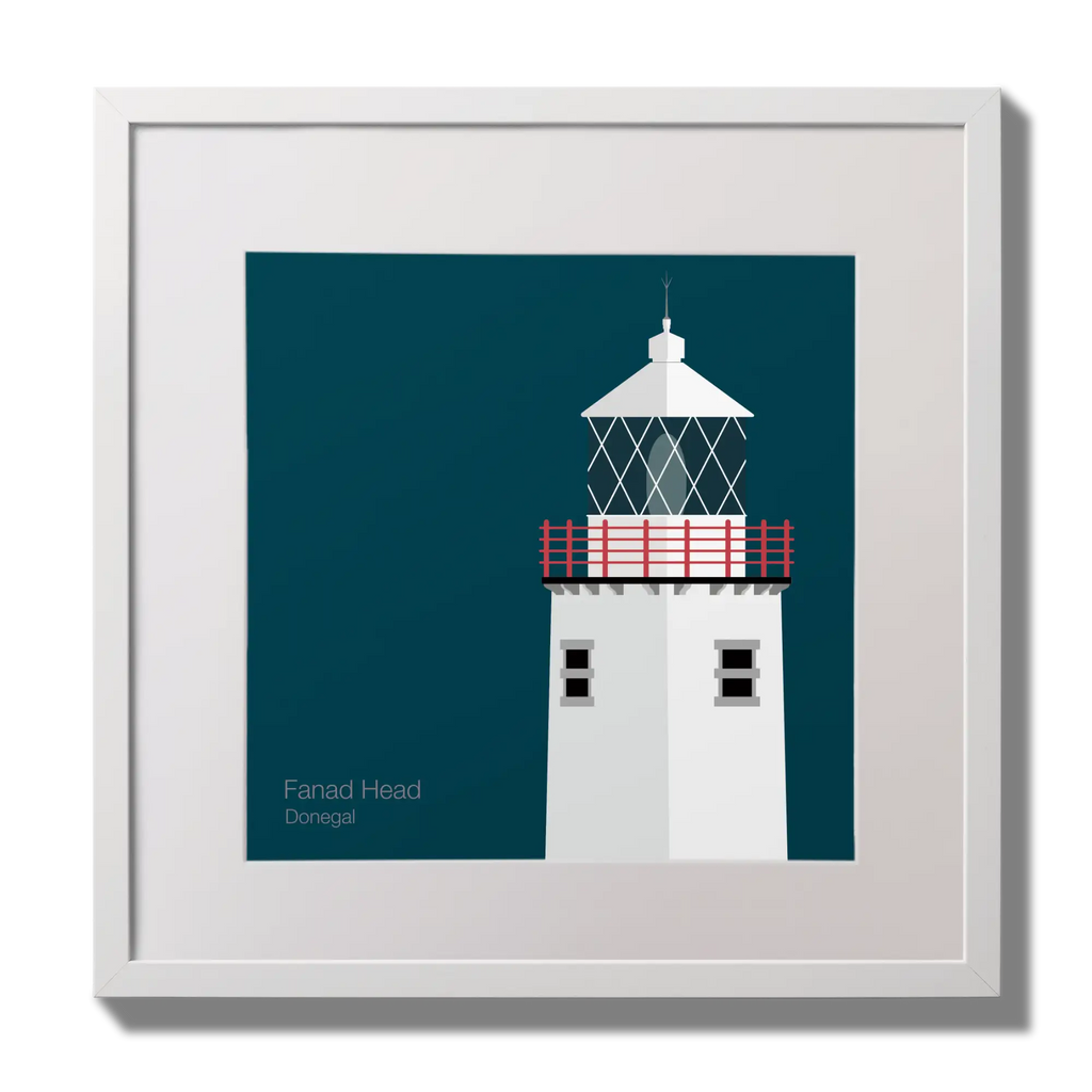 Illustration of Fanad Head lighthouse on a midnight blue background,  in a white square frame measuring 30x30cm.