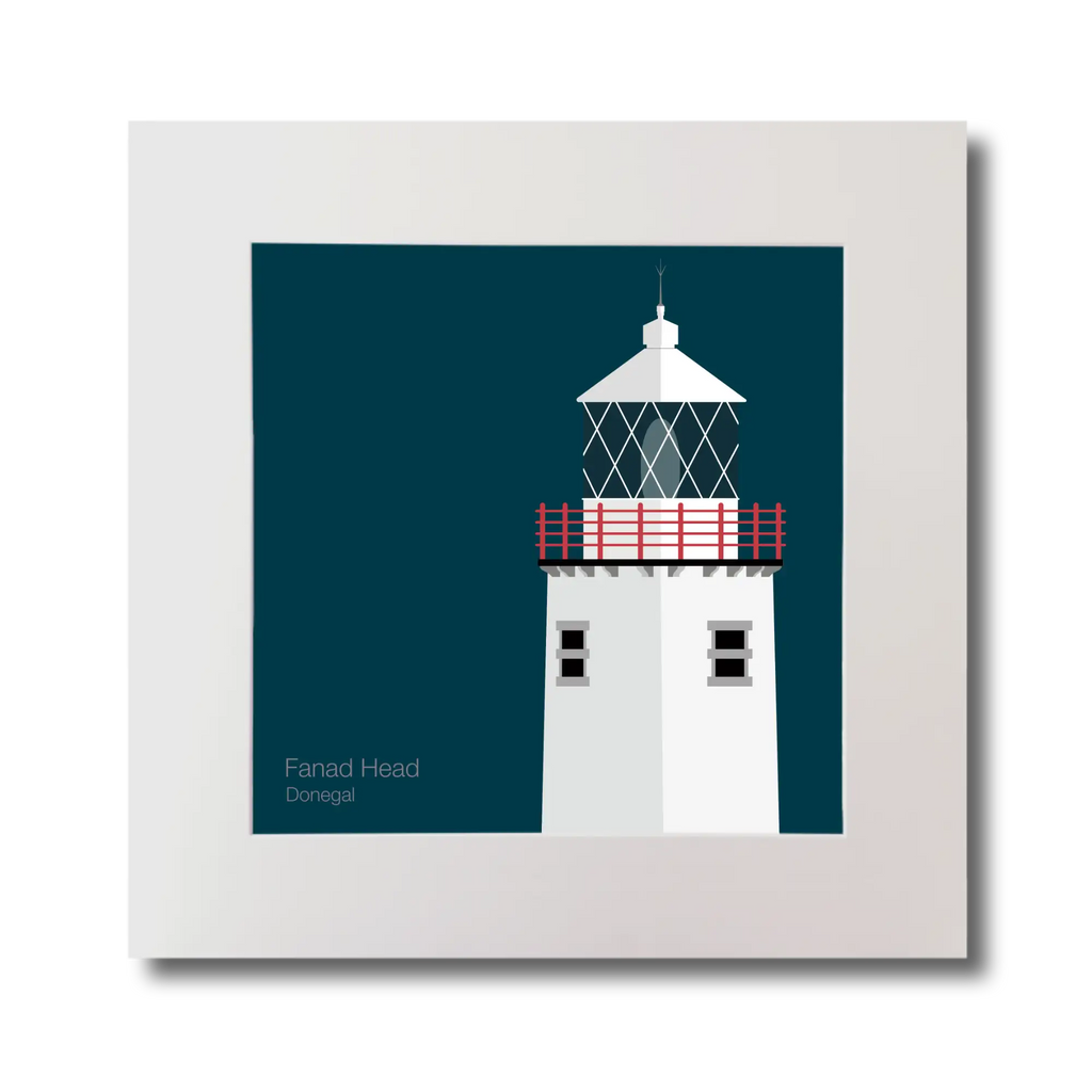 Illustration of Fanad Head lighthouse on a midnight blue background, mounted and measuring 30x30cm.