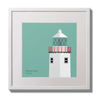 Illustration of Fanad Head lighthouse on an ocean green background,  in a white square frame measuring 30x30cm.
