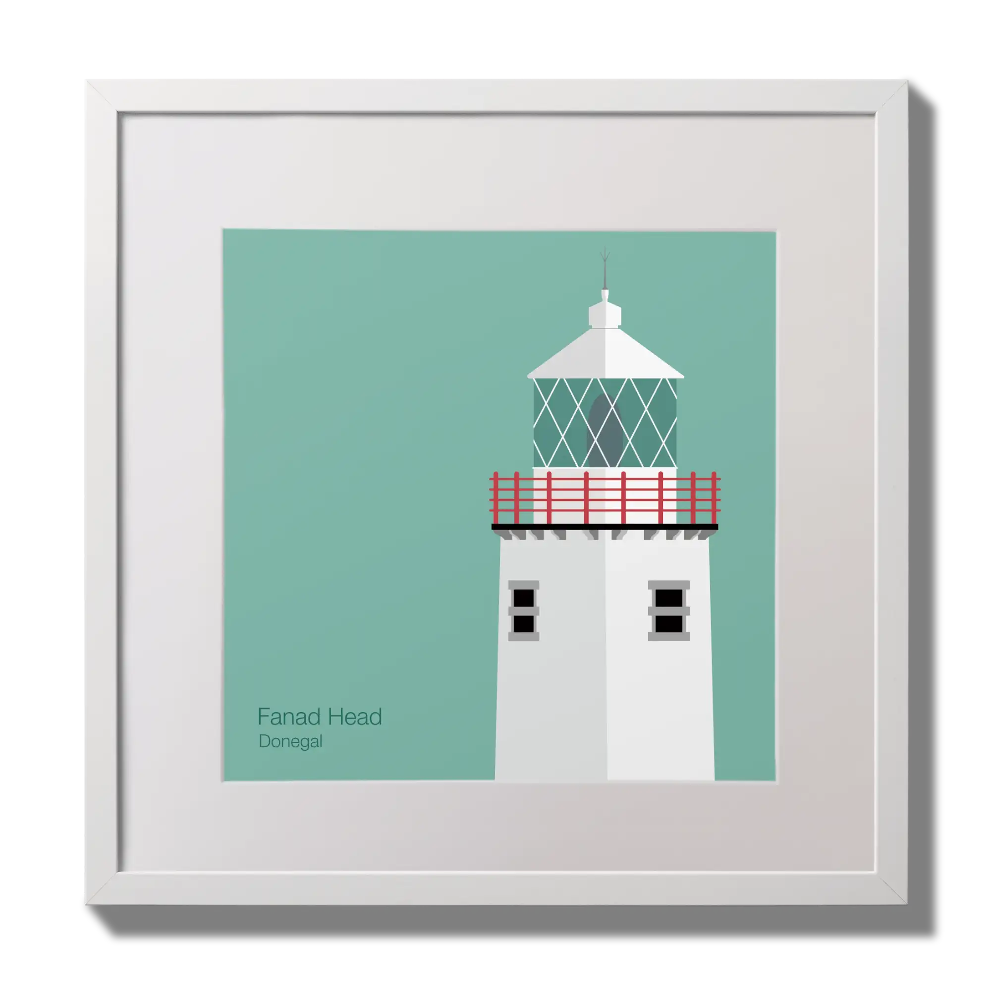 Illustration of Fanad Head lighthouse on an ocean green background,  in a white square frame measuring 30x30cm.