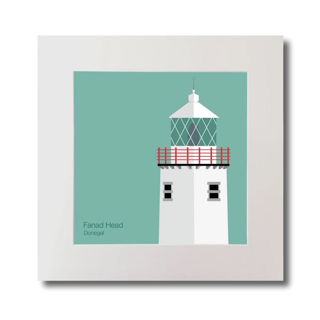 Illustration of Fanad Head lighthouse on an ocean green background, mounted and measuring 30x30cm.