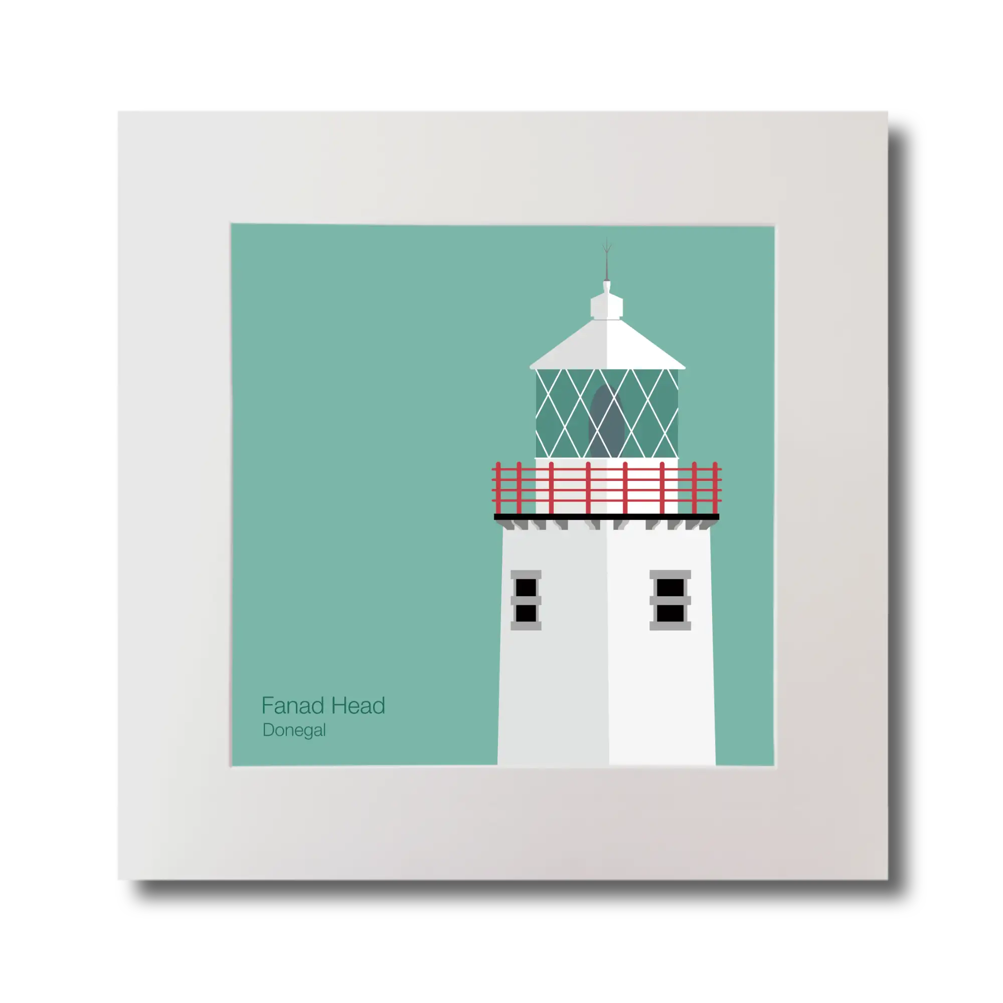 Illustration of Fanad Head lighthouse on an ocean green background, mounted and measuring 30x30cm.