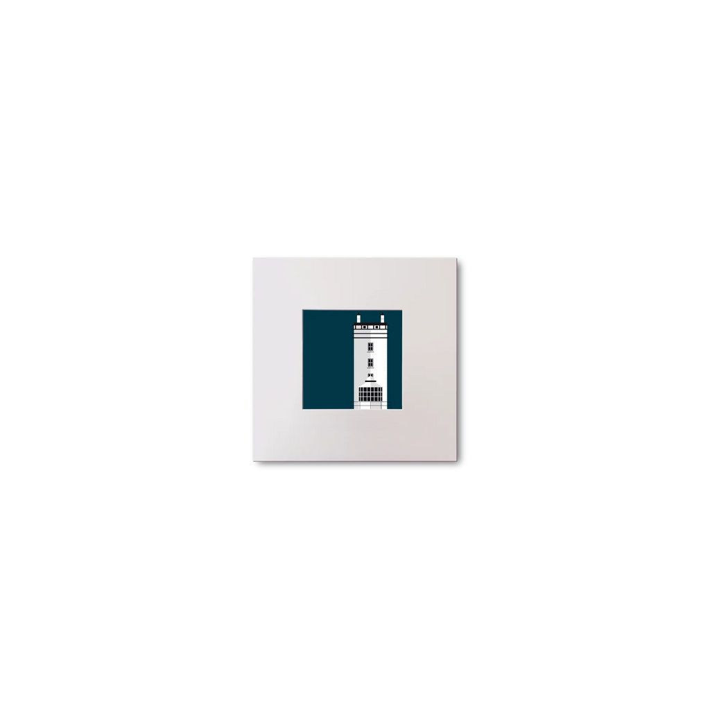 Illustration of Rathlin West lighthouse on a midnight blue background, mounted and measuring 10x10cm.