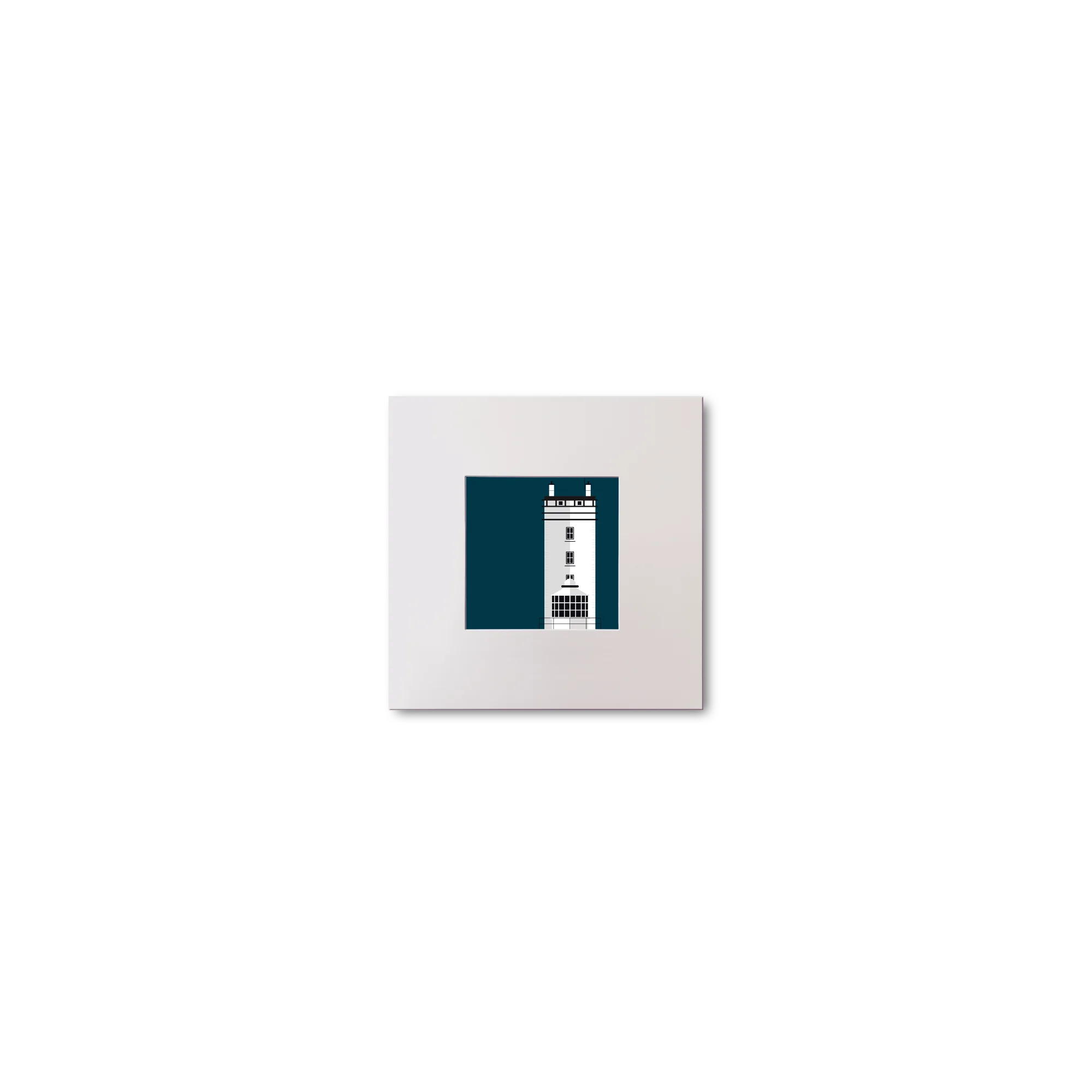 Illustration of Rathlin West lighthouse on a midnight blue background, mounted and measuring 10x10cm.