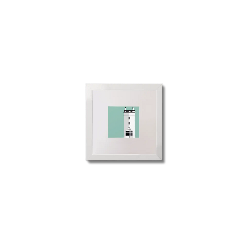 Illustration of Rathlin West lighthouse on an ocean green background,  in a white square frame measuring 10x10cm.