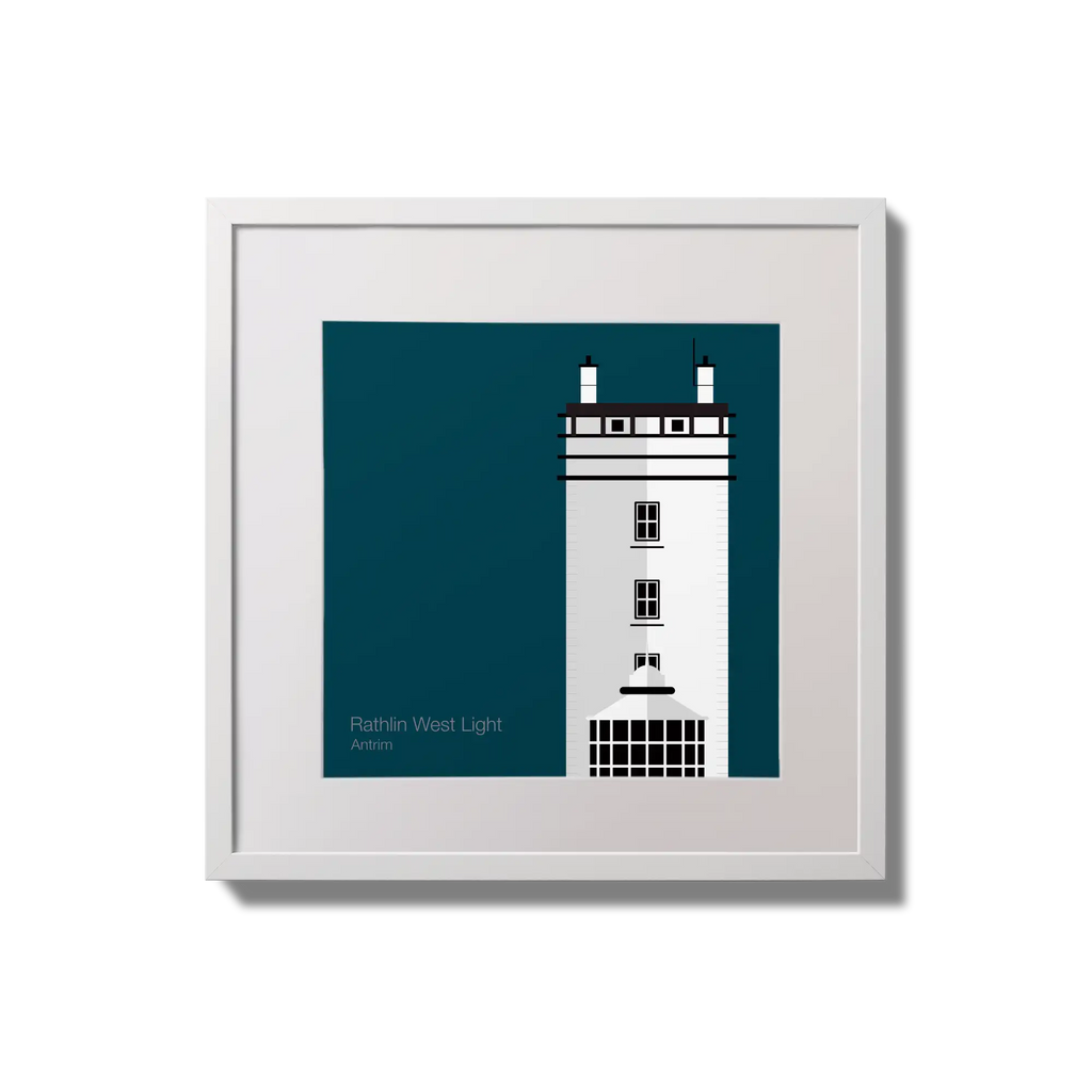 Illustration of Rathlin West lighthouse on a midnight blue background,  in a white square frame measuring 20x20cm.