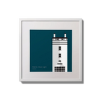 Illustration of Rathlin West lighthouse on a midnight blue background,  in a white square frame measuring 20x20cm.