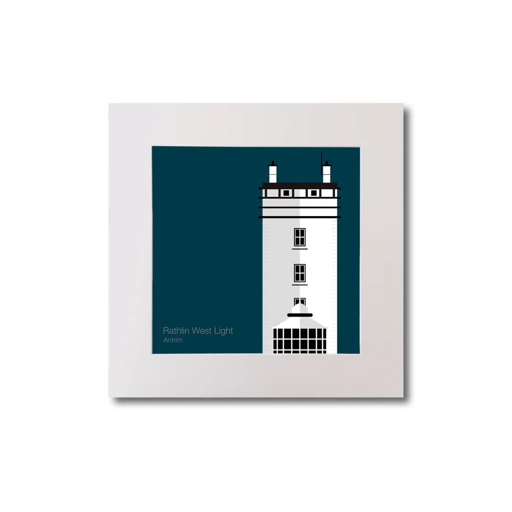 Illustration of Rathlin West lighthouse on a midnight blue background, mounted and measuring 20x20cm.