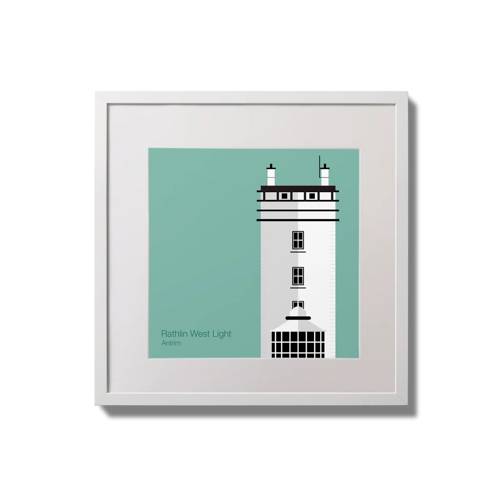 Illustration of Rathlin West lighthouse on an ocean green background,  in a white square frame measuring 20x20cm.